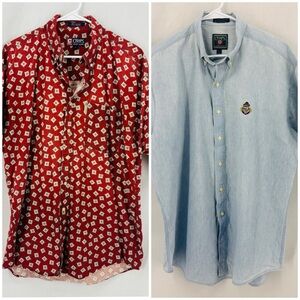 TWO Chaps Ralph Lauren Red Print Button Front Short Sleeve men’s large denim